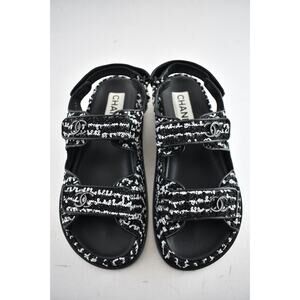 Chanel 22C Black White Tweed CC Logo Mule Slide Strap Flat Dad Teva Sandal 41